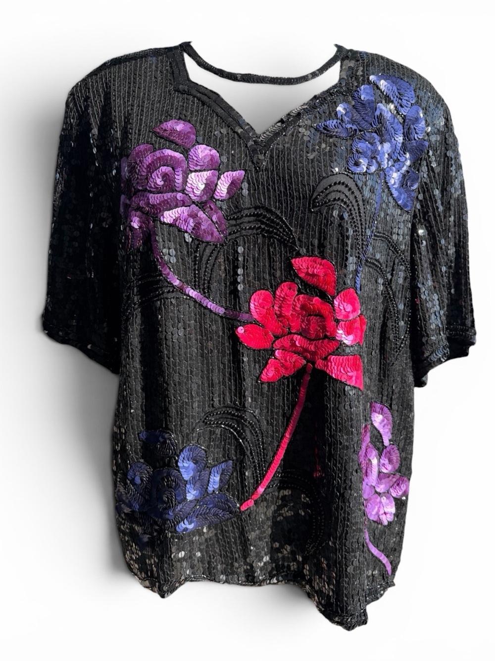 Vintage Royal Feelings Hand Embroidered Sequin Floral Top Black Y2K Glam Size 2X